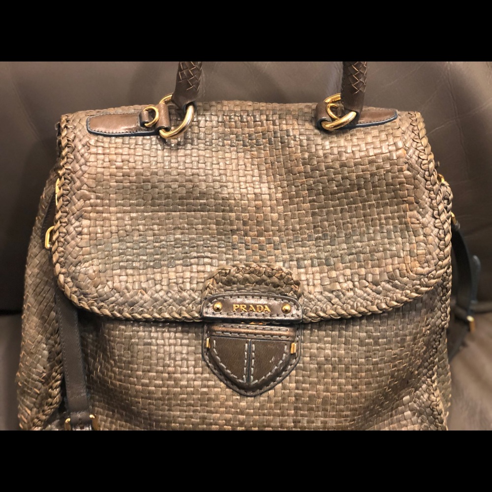 Prada Madras Tote Crossbody Blue Woven leather